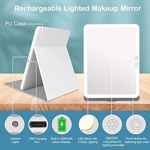 Deweisn Folding Compact Travel Lighted Makeup Mirror With 72 Leds 3 Colors Light,Rechargable 2000Ma Batteries Portable Mirror With Dimming Touch Screen,Lighted Cosmetic Mirror With Pu Cover Leather #TOP5