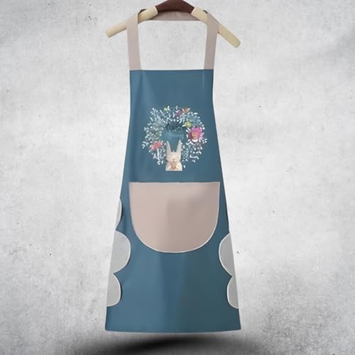 Image of VELVERI 1PACK Waterproof Cooking Apron for Women Men with Big Front Pocket Hand-Wiping Towel | Floral Rabbit Graphic Design | Oil Proof Chef Bib for Home Baking Grilling