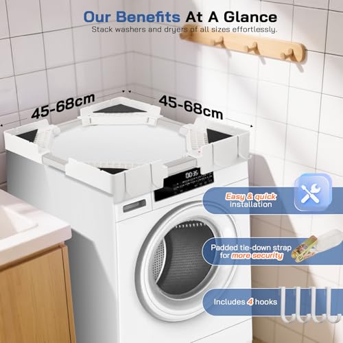 Nastopee Universal Verbindungsrahmen Set für Waschmaschine und Trockner (46-68cm) - Stapelbausatz mit Ratschenseil & verstellbarem Zwischeneinbaurahmen - Platzsparende Waschturm-Lösung für Waschküche