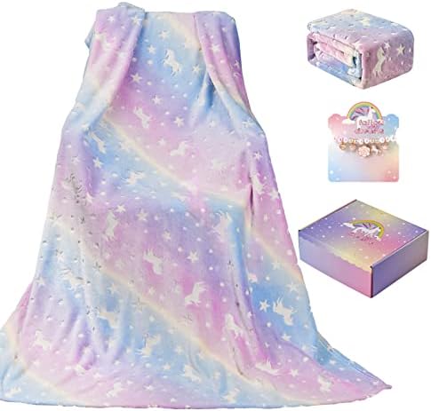 Glow in The Dark Blanket Unicorns Gifts for Girls, Kids Throw Blanket with Rainbow Strechy Beaded Bracelet, for 1-10 Year Old Girl Birthday Christmas Halloween Thanksgiving Easter Gifts 60 x 50 in (B)