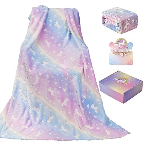 Glow In The Dark Blanket Unicorns Gifts For Girls, Kids Throw Blanket With Rainbow Strechy Beaded Bracelet, For 1-10 Year Old Girl Birthday Christmas Halloween Thanksgiving Easter Gifts 60 X 50 In (B) #TOP2