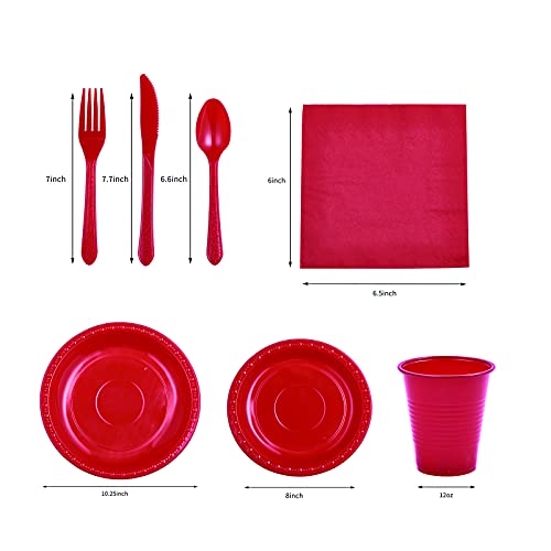 175 Pcs Red Plastic Dinnerware Set Includes 50 Red Plastic Plates, 25 Red Plastic Cups, 25 Red Napkins, 25 Red Plastic Cutlery Spoons Forks & Knives, Disposable Dinnerware Set, Red Party Supplies Set #TOP1