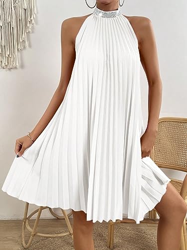 Image of Floerns Women's Pearl Beaded Halter Twist Sleeveless Tie Back Dress A Line Dress