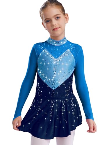 Miaeowve Kürkleider Rollkunstlauf Kinder Mädchen Strass Glitzer Eiskunstlauf Kleid Langarm Ballettkleid Stehkragen Tanzkleid Dancewear Blau 158-164