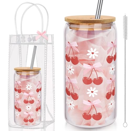 Giesiery 16oz Cherry Glass Cup with Lid & Straw - Bow Tumbler Gift Set for Women, She's The Cherry on Top Party Decor