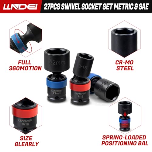 Image of LLNDEI 27Pcs 3 /8 inch Drive Swivel Impact Socket Set, CR-MO Swivel Socket Set Metric(8-22mm)& SAE(5 /16-3 /4),6 Point Wobble Socket Set with Ratchet Wrench, Extension Bar and Adapters.
