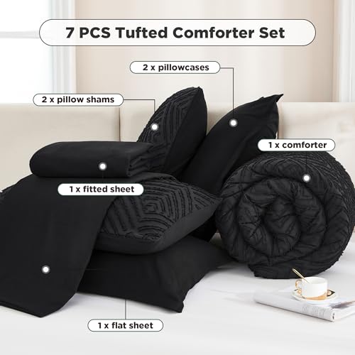 Image of Andency Oversized King Size Comforter Set 7 Pieces Black - Bed in a Bag Oversized King Boho Lightweight Fluffy Tufted Bedding Sets with Comforter, Sheets, Pillowcases & Shams