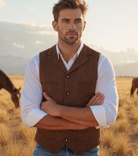 Men's Herringbone Tweed Suit Vest,Retro Men Waistcoat Formal Casual3