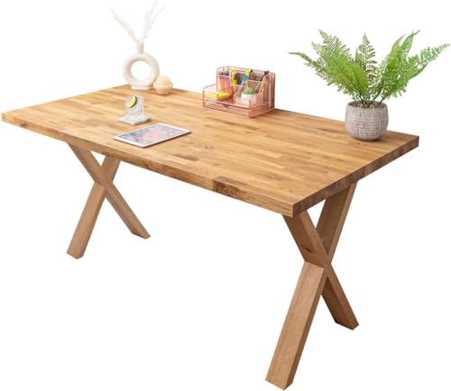 domli Solid Wood Oiled Oak Office Desk With Oak Wooden X Legs | 1200mm x 600mm x 40mm | Fully Finished Premium European Wooden Tabletop And Leg