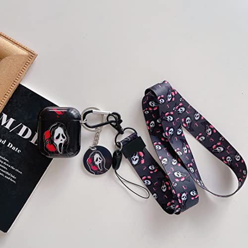 Cool Scream Ghost Soft Tpu Airpods 1/2 Case，With Funny Skull Lanyard Keychain，For Fashion Girls Boys Airpods Case（Black） #TOP5
