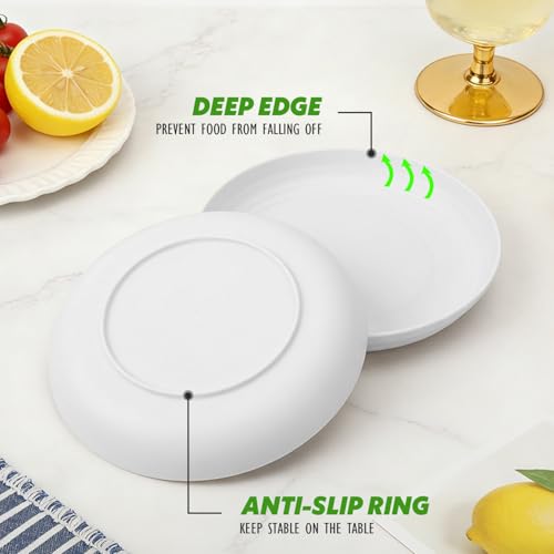 Image of Wheat Straw Plates Set of 6, 8In Unbreakable Plastic Plates, White | Microwave and Dishwasher Safe Small Deep Plates for Appetizer, Kids, Breakfast, Camping
