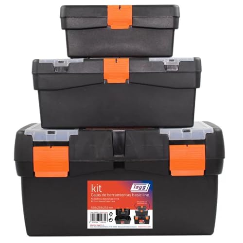 Tayg Pack 3 Cajas Herramientas Basic Line 12” + 16” + 20” - Soporta hasta 120 kg, Cierres de Plástico, Caja Herramientas Vacia, Polipropileno 100% Reciclado