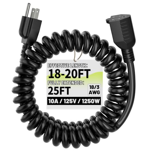 Vockjour 18AWG 20ft Black Coiled Extension Cord, 3 Prong Flexible Spiral Power Cord for Standing...