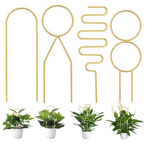 4 Stück Rankhilfe für Zimmerpflanzen, Pflanzenstützen für Topfpflanzen, Garten Pflanzengitter für Kletterpflanzen, Rankhilfe aus Metall, Rankgitter für Topfpflanzenstäbe, Gold
