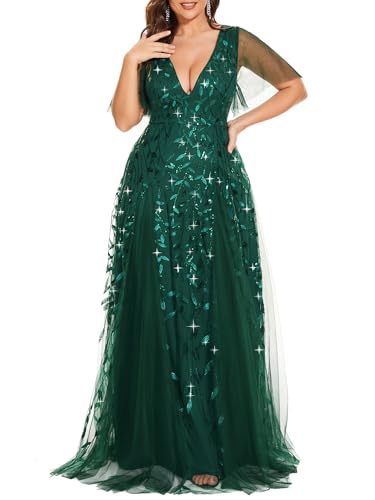 Image of Ever-Pretty Women's Sequin V Neck Plus Size Formal Dresses Evening Gown | Short Sleeve, A-Line, Empire Waist, Plus Size Mother of the Bride Dresses, Plus Size Gala Dress