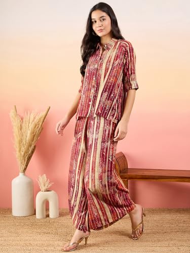 Image of Modeve Women Shirt Palazzo Foil Print Co-Ord Set