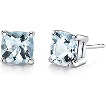 Peora Solid 14K White Gold Aquamarine Stud Earrings for Women, Genuine Gemstone, Hypoallergenic 6mm Cushion Cut, AAA Grade, 1.50 Carats total, Friction Back, Blue Aquamarine Jewelry,