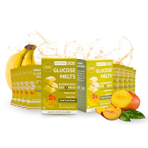 Glucose SOS Melts Made with Dextrose Powder Natural Fruit Puree Sugar Glucose Tabs Sports Supplement Fast Acting Tablets with 10 Individual 15g Servings of Banana/Mango/Peach