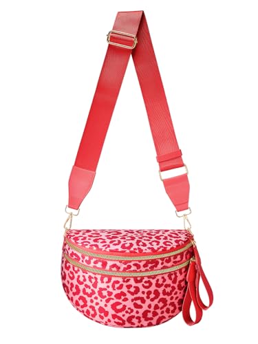 Image of Pure Colour Crossbody Bag Bum Bag for Women,Spacious Purse Fanny Packs Belt Bag,Oversized Bum Bag (Red Leopard Bum Bag)