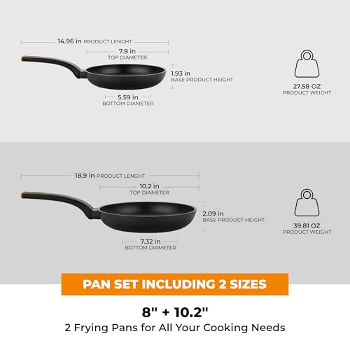 Image of BRA COOKWARE Efficient Pro 2-Piece Nonstick Frying Pan Set | 8+10.2 Inch Cast Aluminum Skillets | 3-Layer Scratch Resistant Coating Frypans | PFOA Free | All Cooktops Pans | Heat-Resistant Handle