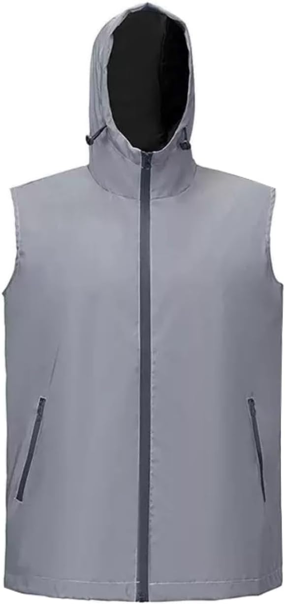 Men Reflective Vest Jacket Casual Windbreaker Night Runing Coat Hooded Fluorescent Coat (US, Alpha, Large, Regular, Regular, Grey) - Image 3