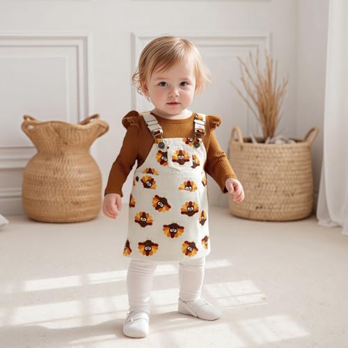 Karuedoo Infant Toddler Baby Girl Thanksgiving Outfit Long Sleeve Ribbed Knit Romper Turkey Overall Dress Suspender Skirt Set3