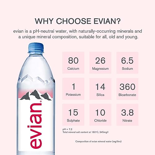 Image of Evian Natural Spring Water, Naturally Filtered Spring Water in Large Bottles, 1 Litre x 12 Bottles