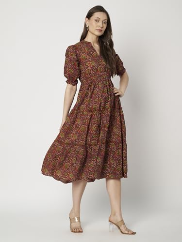 Image of Women's Floral Summer Maxi Dress I Cotton Printed I One Piece Bodycon Midi Dress with V-Neck, Puffed Sleeves