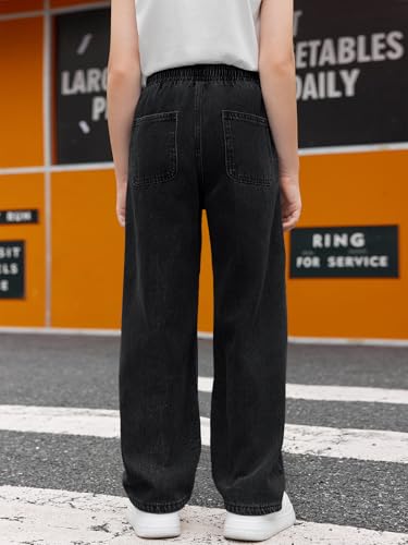 Haloumoning Boys Straight Leg Baggy Jeans Kids Elastic Waist Drawstring Wide Leg Denim Pants with Pockets 5-14 Years4