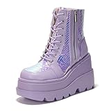 Cape Robbin Radio Women's Holographic Platform Ankle Boots, Chunky Block Heel (Radio) - Lilac Size 10