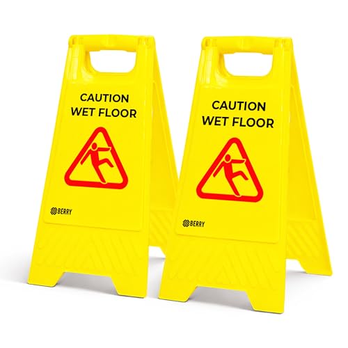 Berry Wet Floor Sign Yellow | Foldable Type A Slippery Floor Warning Sign | Free Standing Caution Wet Floor Sign for Shops Hotels Restaurants Offices & Public Areas - Pack of 2