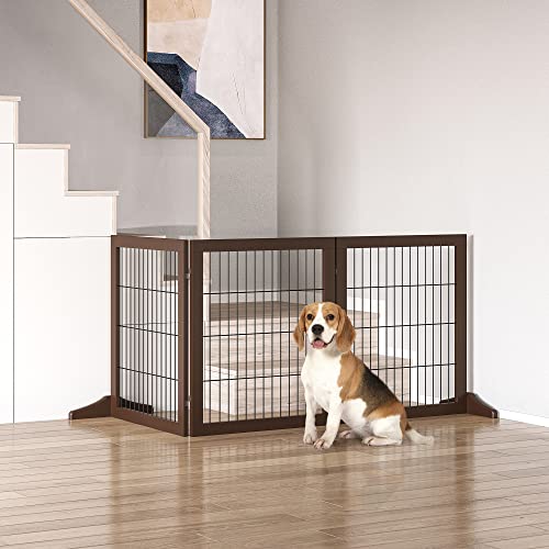 PawHut Absperrgitter Hund Freistehendes Schutzgitter mit Füßen 185 x 71 cm Holz Hundegitter Treppenschutzgitter Treppengitter Hundeabsperrgitter für Treppen, Türen, Küche, Flur, 3 Paneelen, Braun