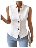GORGLITTER Women's Sleeveless Blazer Vest Top Dressy Textured Button Up Suit Vest Split Hem Collared Waistcoat White Medium
