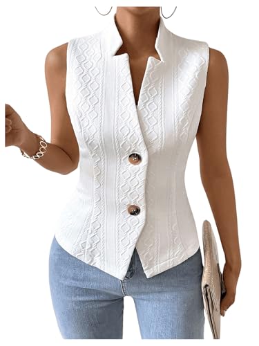 GORGLITTER Women's Sleeveless Blazer Vest Top Dressy Textured Button Up Suit Vest Split Hem Collared Waistcoat