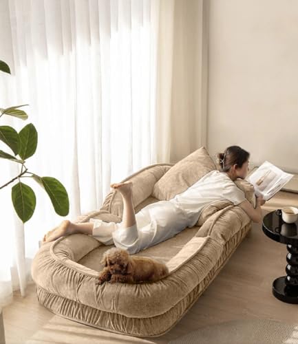 Image of 1 Seater Luxurious Human Dog Bed for People and Adults|Velvet Recliner Lounge Style Soft Human Dog Sofa with Plush Cushioning for Reading and Relaxation (Velvet Fabric, Beige)