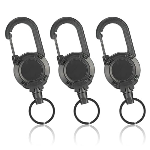 3pcs Bobine de Badge Porte Badge Enrouleur Robuste, Porte-clés Retractable avec câble en fil d'acier de 60cm Porte-Badge Mousqueton pour Pantalons et Ceintures