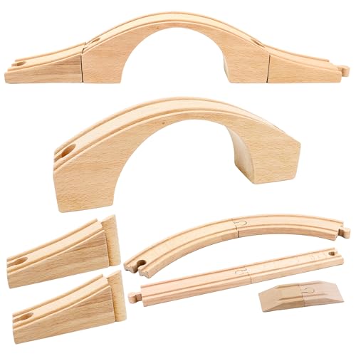 Kugliwa 9 Pcs Wooden Train Bridge Set Wood Train Track Expansion Compatible with Railroad Set Railway Train Track Connectors