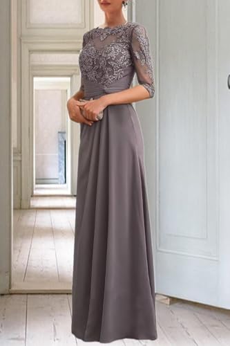 ALEESHUO Chiffon Mother of The Bride Dresses with Half Sleeve Lace Applique Long Formal Dress for Wedding FLPW3522
