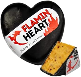 Flamin Heart Chilli Cheese 200g. A Delicious Cheddar Cheese With A Chilli Kick, Sealed In Heart Shaped Black Wax. The Perfect Valentines Cheese Gift. The Chuckling Cheese Company.