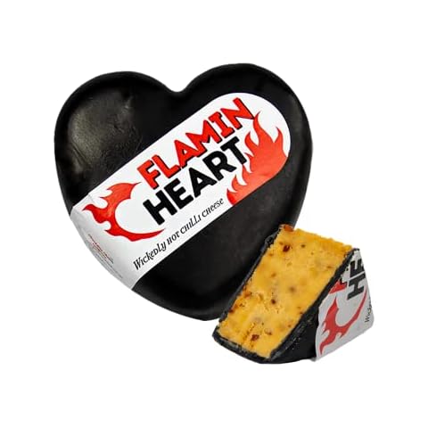 Flamin Heart Chilli Cheese 200g. A Delicious Cheddar Cheese With A Chilli Kick, Sealed In Heart Shaped Black Wax. The Perfect Valentines Cheese Gift. The Chuckling Cheese Company Cover