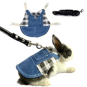 Vehomy Rabbit Harness and Leash Small Animal Clothes for Rabbit Guinea Pig, Bunny Plaid Harness Leash Guinea Pig Blue Denim Black and White Plaid Dress for Kitten Chihuahua and Other Small Animals S