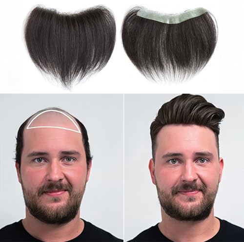 Meiverah Frontal Hairpiece for Men Natural Black Hair Extension Hairline Loss Straight Tape in Human Hair Toppers Replacement Toupee (0.78"x6.3", Natural Black)