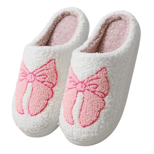 Cute Bow Slippers for Women – Fuzzy House Slippers, Warm Indoor Outdoor Slip-On Shoes for Bedroom & Home