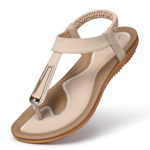 Image of SHIBEVER Womens Sandals Summer Flat: Dressy Casual T-Strap Flip Flop Thong Flats Sandals - Comfortable Walking