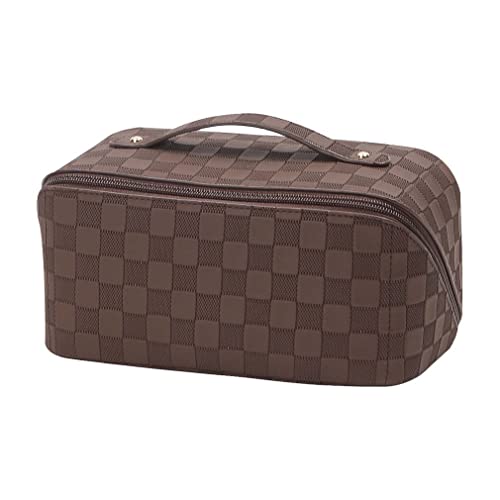 Kosmetiktasche mit Retro-Karomuster, Reise Kosmetiktasche Mit Großem Fassungsvermögen, PU Leder Tragbar Reise Make-up Tasche, Portable Schminktasche Kulturbeutel-Organizer für Toilettenartikel (Brown) Cover