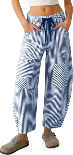 Image of TARSE Womens Striped Linen Barrel Pants with Pockets Y2k Patchwork