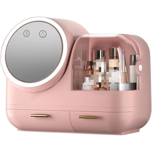 GrnArt メイクボックス 化粧鏡 メイクファン付き 透明コスメボックス メイクケース 化粧箱 メイク用品収納 化粧ボックス ビューティー道具 アクセサリー収納 防塵 防水 騒音なし 洗面所収納 引き出し付き 小物入れ おしゃれ (ピンク)