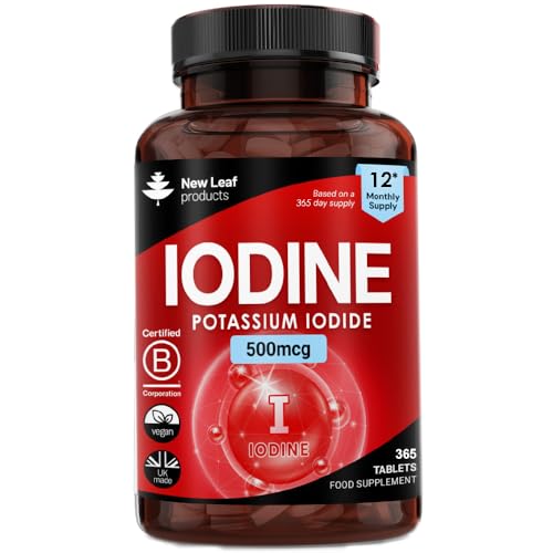 Iodine Tablets 500mcg 365 (1 Year Supply) Vegan High Strength Tablets Iodine Supplements, Natural Source of Iodine from Potassium Iodide GMO Free, GMP, Made in UK by New Leaf