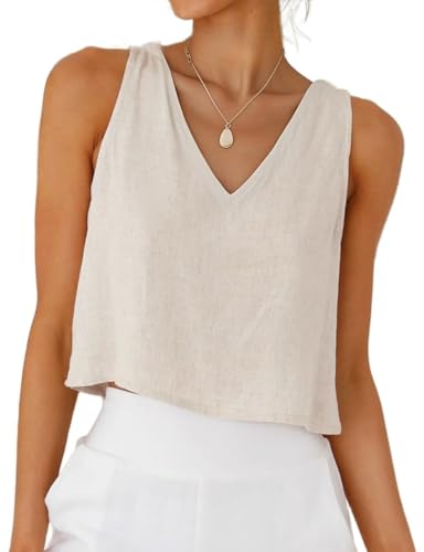 IDEALSANXUN Womens V Neck Cropped Linen Tank Tops Spring Summer Sleeveless Shirts