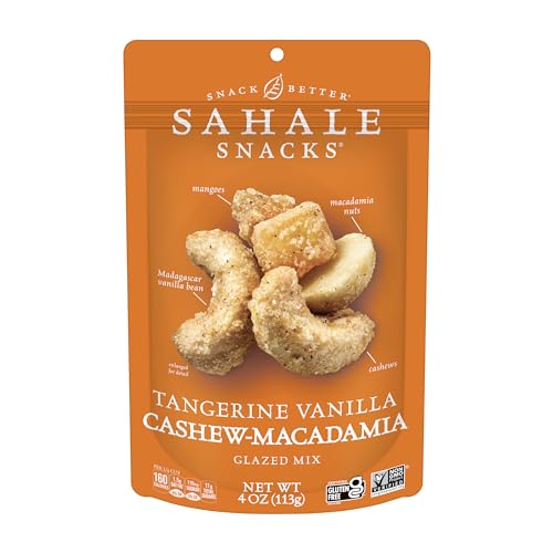Image of Sahale Snacks Tangerine Vanilla Cashew-Macadamia Glazed Mix, 4 oz Pouches (6 Packs) - Dry-Roasted Deluxe Mixed Nuts with Mangoes & Madagascar Vanilla - Non-GMO, Kosher, & Certified Gluten-Free Snacks